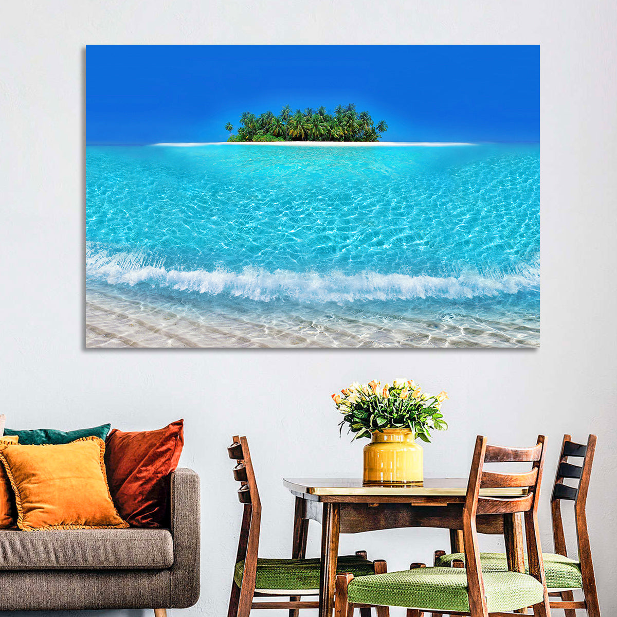 Turquoise Atoll Sandbar with Palm Trees Wall Art in a room, landscape