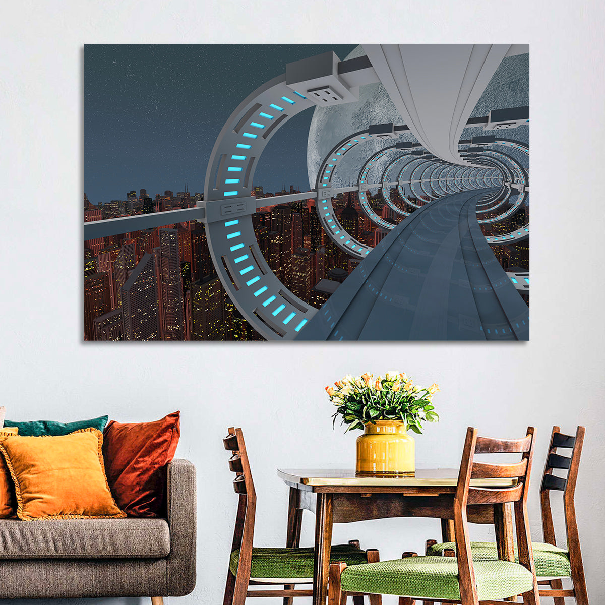 Futuristic City Tunnel with Moon Wall Art