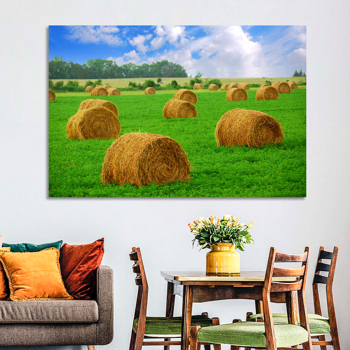 Golden Hay Bales in Green Field Wall Art in a room, landscape
