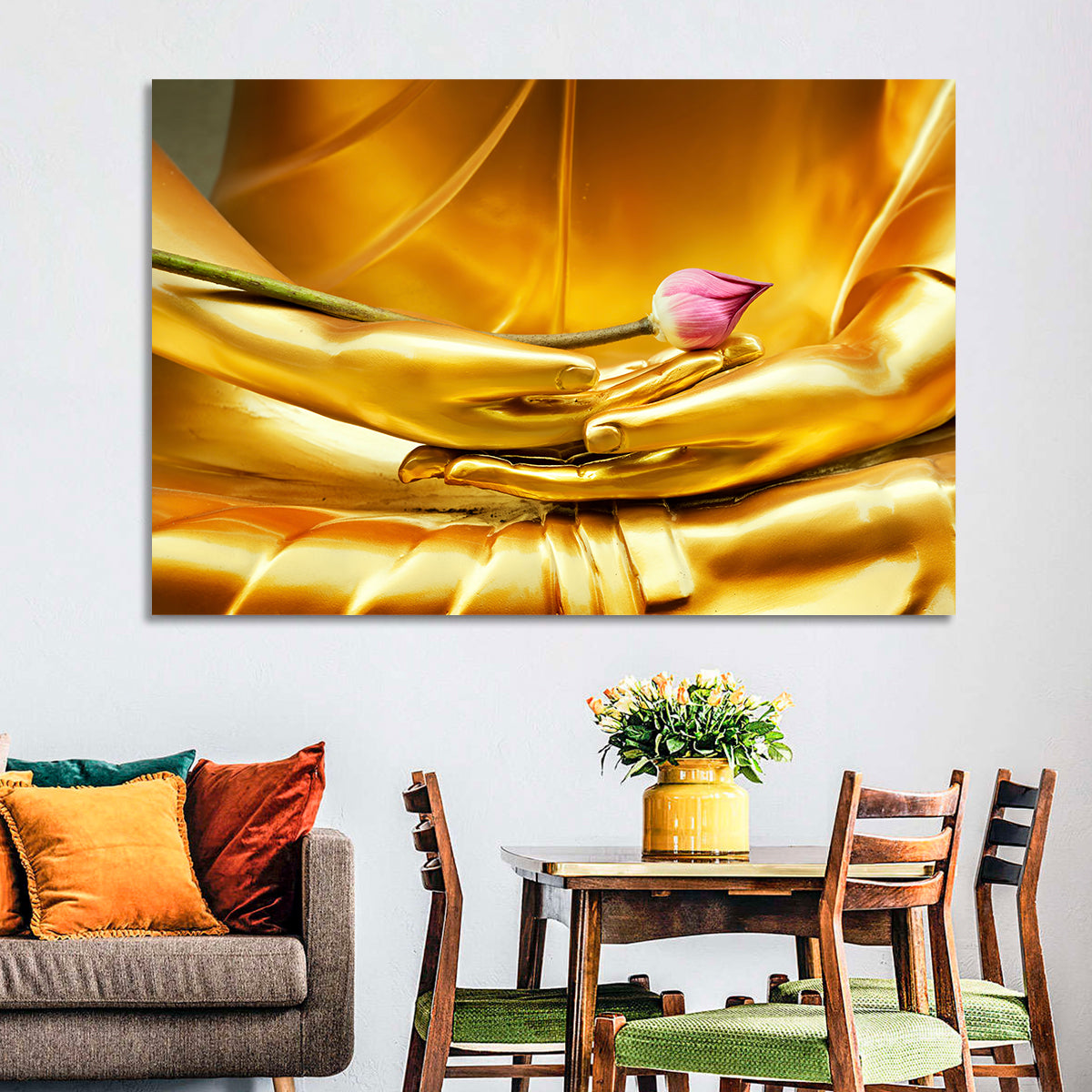 Buddha Hands with Lotus Wall Art in a room, landscape