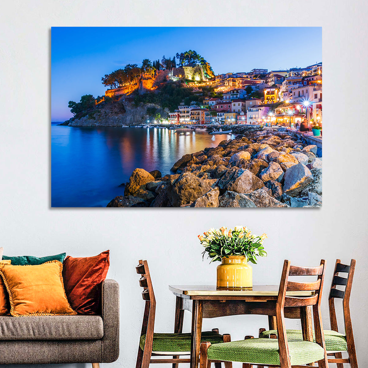 Parga Harbor at Dusk Wall Art in a room, landscape