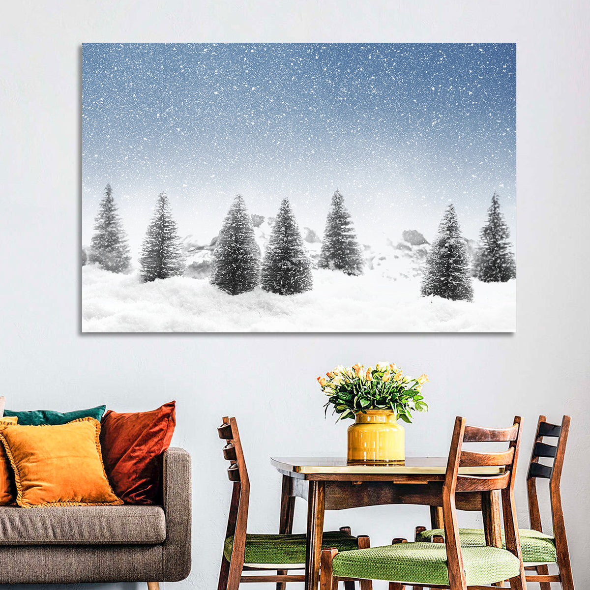 Winter Pine Trees Landscape Wall Art in a room, landscape