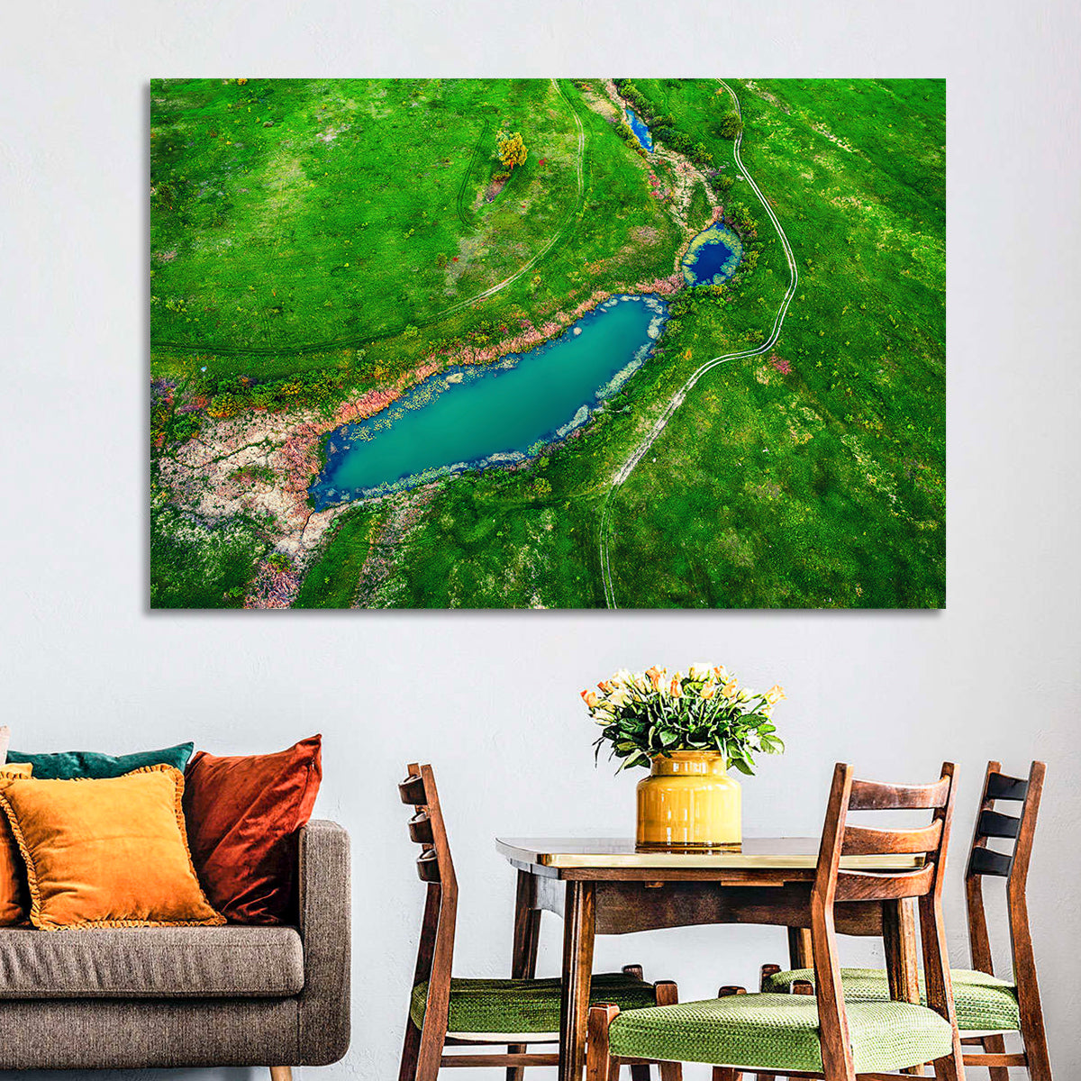 Meadows Lake Aerial Wall Art in a room, landscape