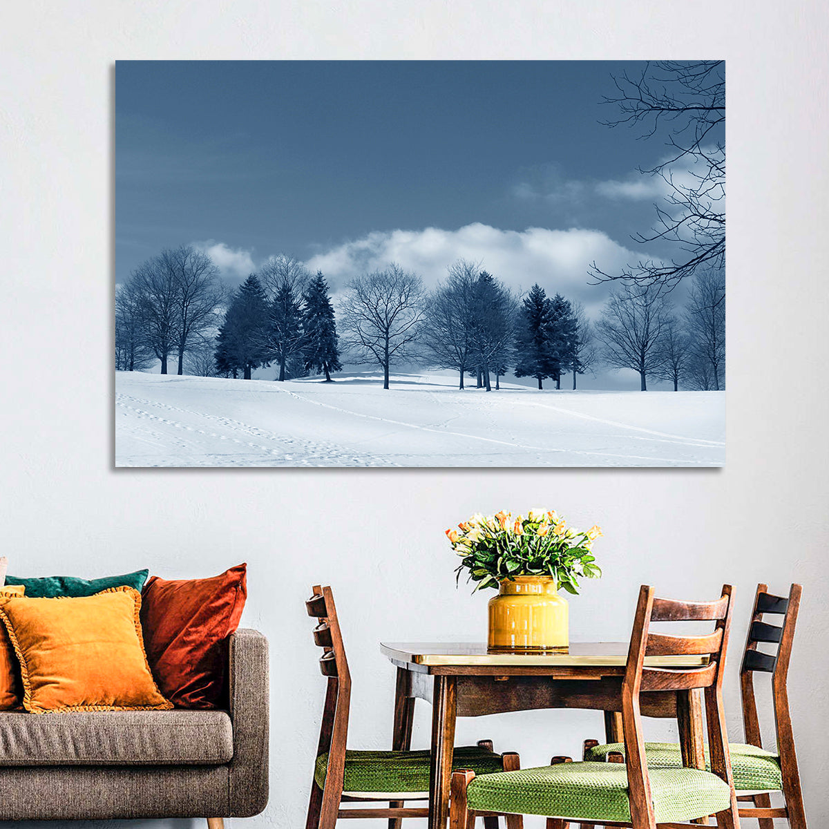 Snowy Field with Tracks Wall Art in a room, landscape
