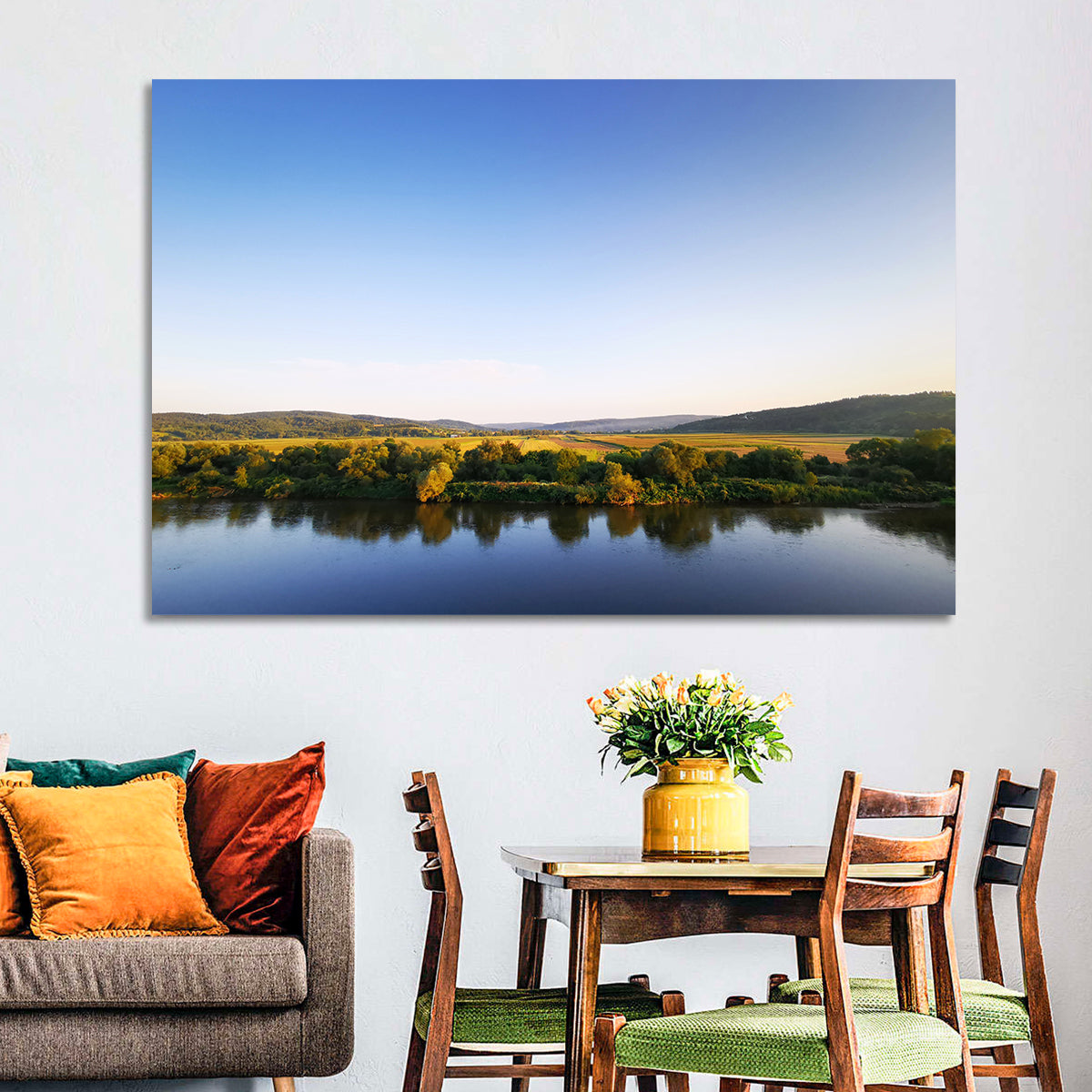 Peaceful River Sunset Wall Art in a room, landscape