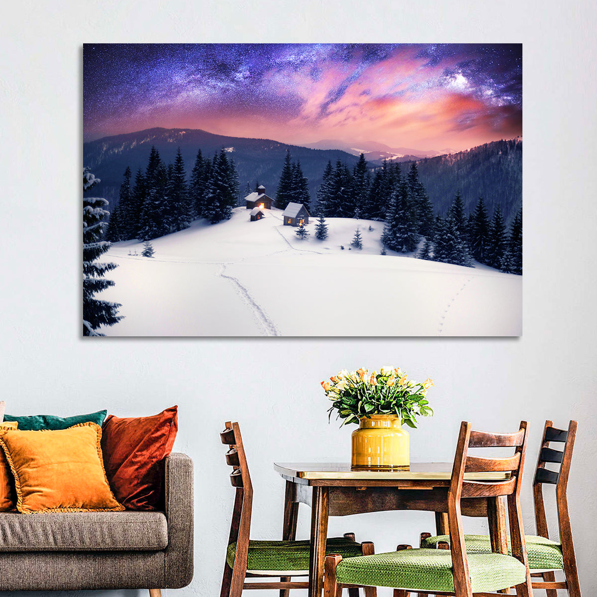 Starry Winter Cabins Under the Milky Way Wall Art