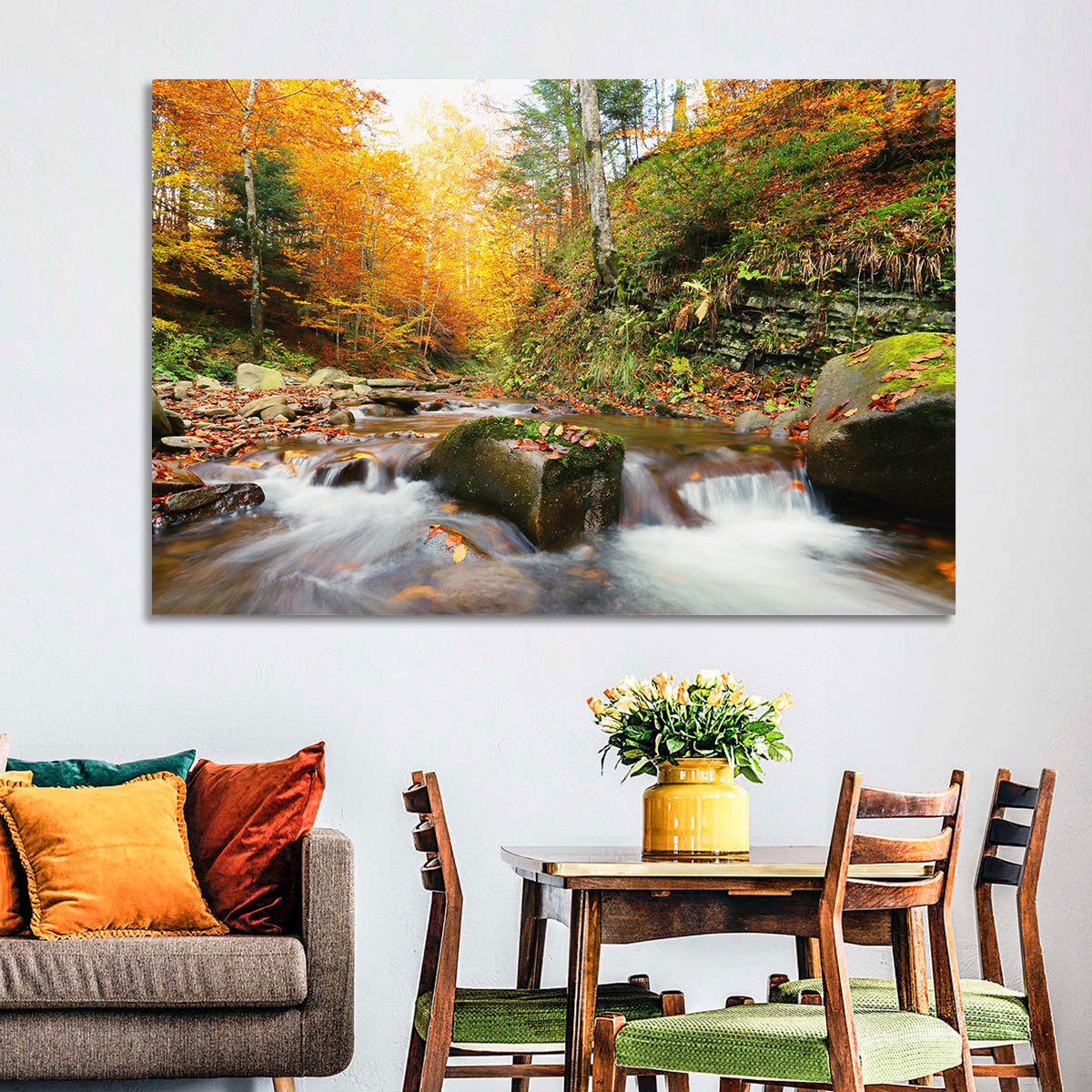 Forest Stream in Autumn Wall Art in a room, landscape