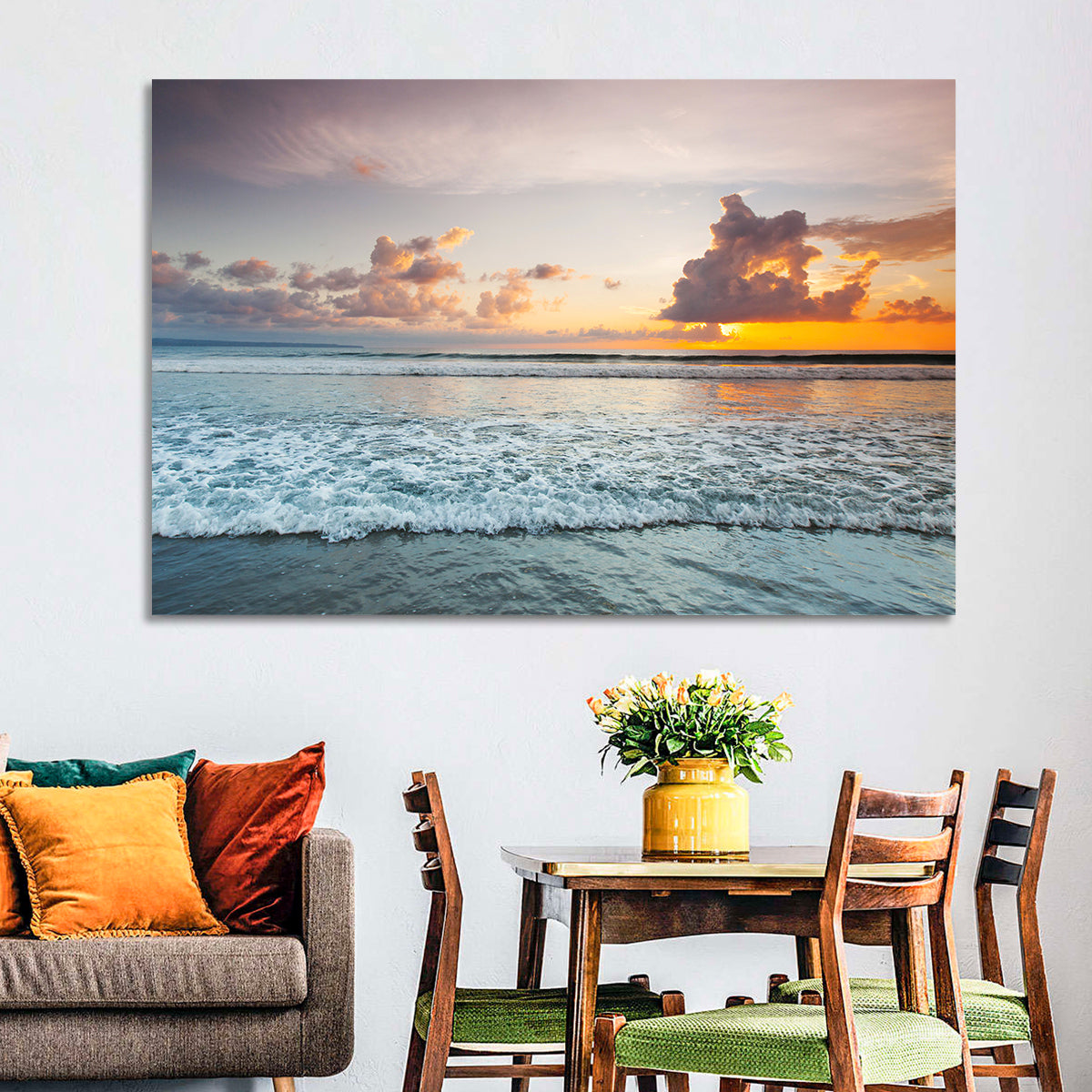 Golden Hour Beach Sunset Surf Wall Art in a room, landscape