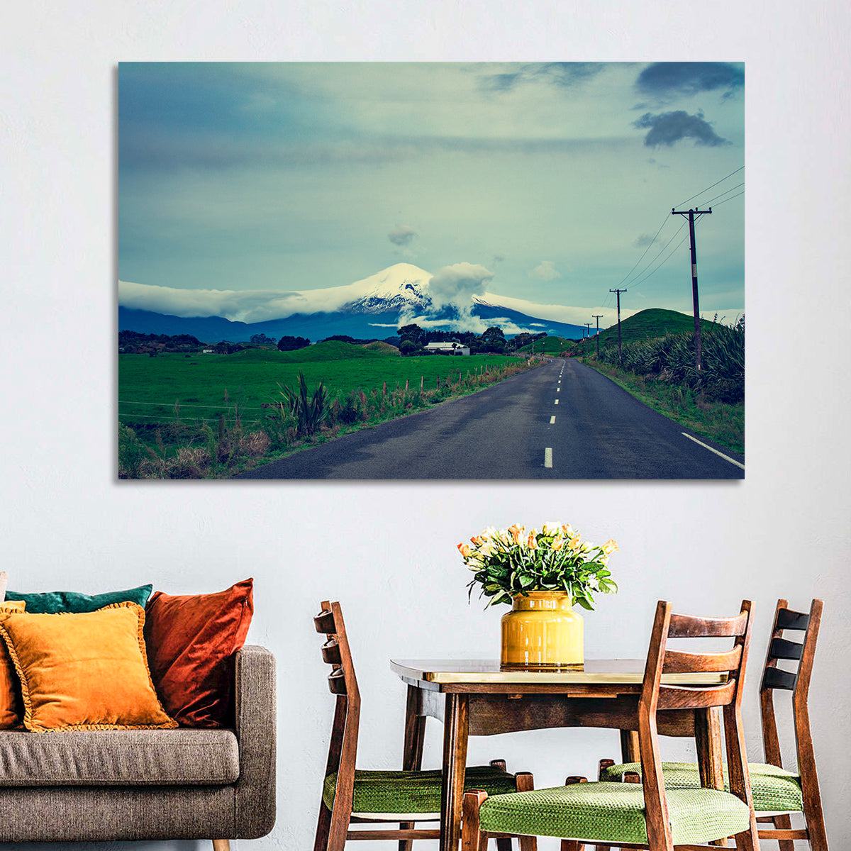 Empty Road to Mount Taranaki Wall Art in a room, landscape