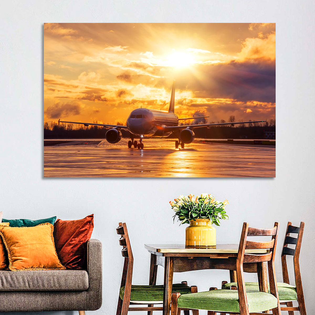Golden Hour Airliner on Wet Runway Wall Art in a room, landscape