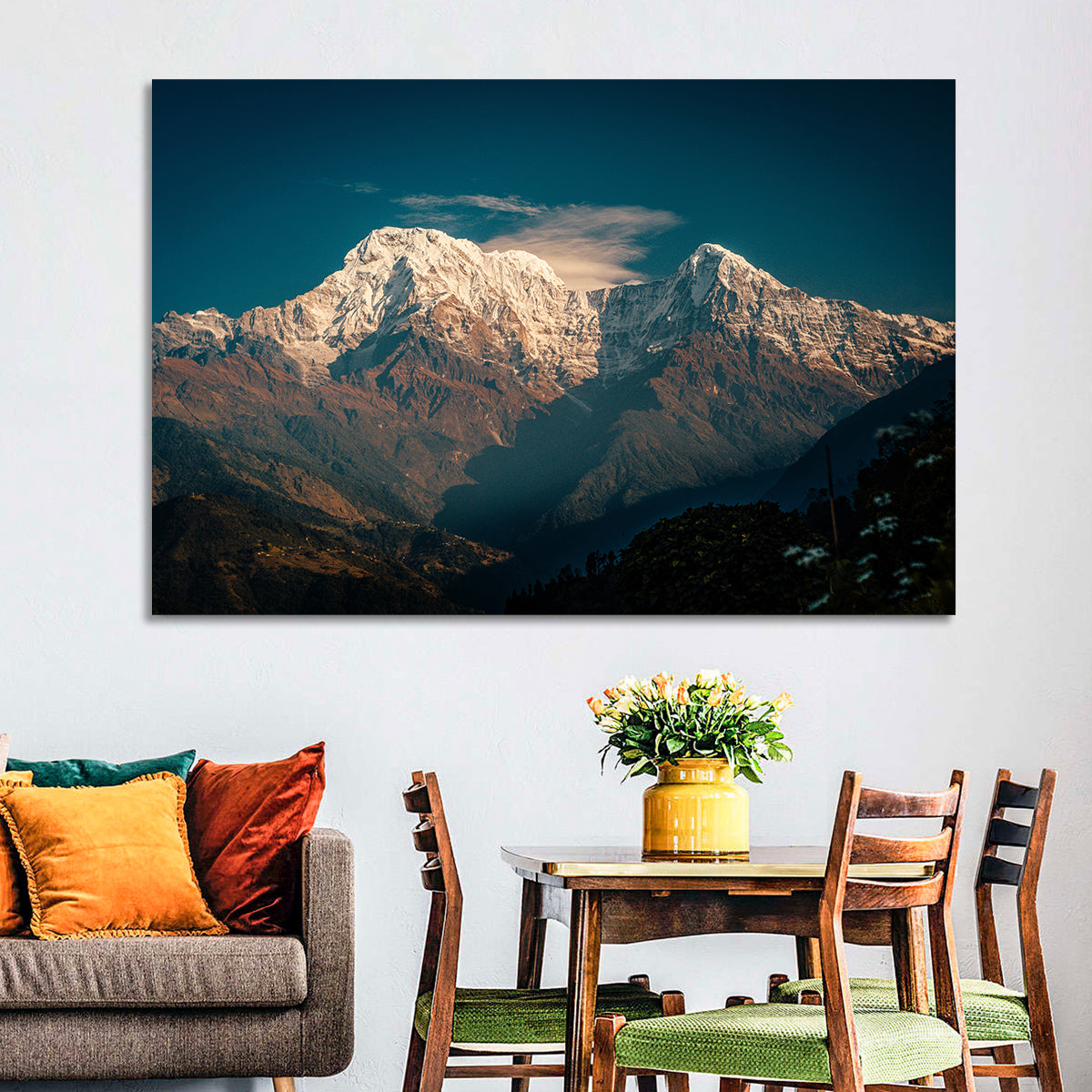 Annapurna South Summit with Wispy Clouds Wall Art in a room, landscape