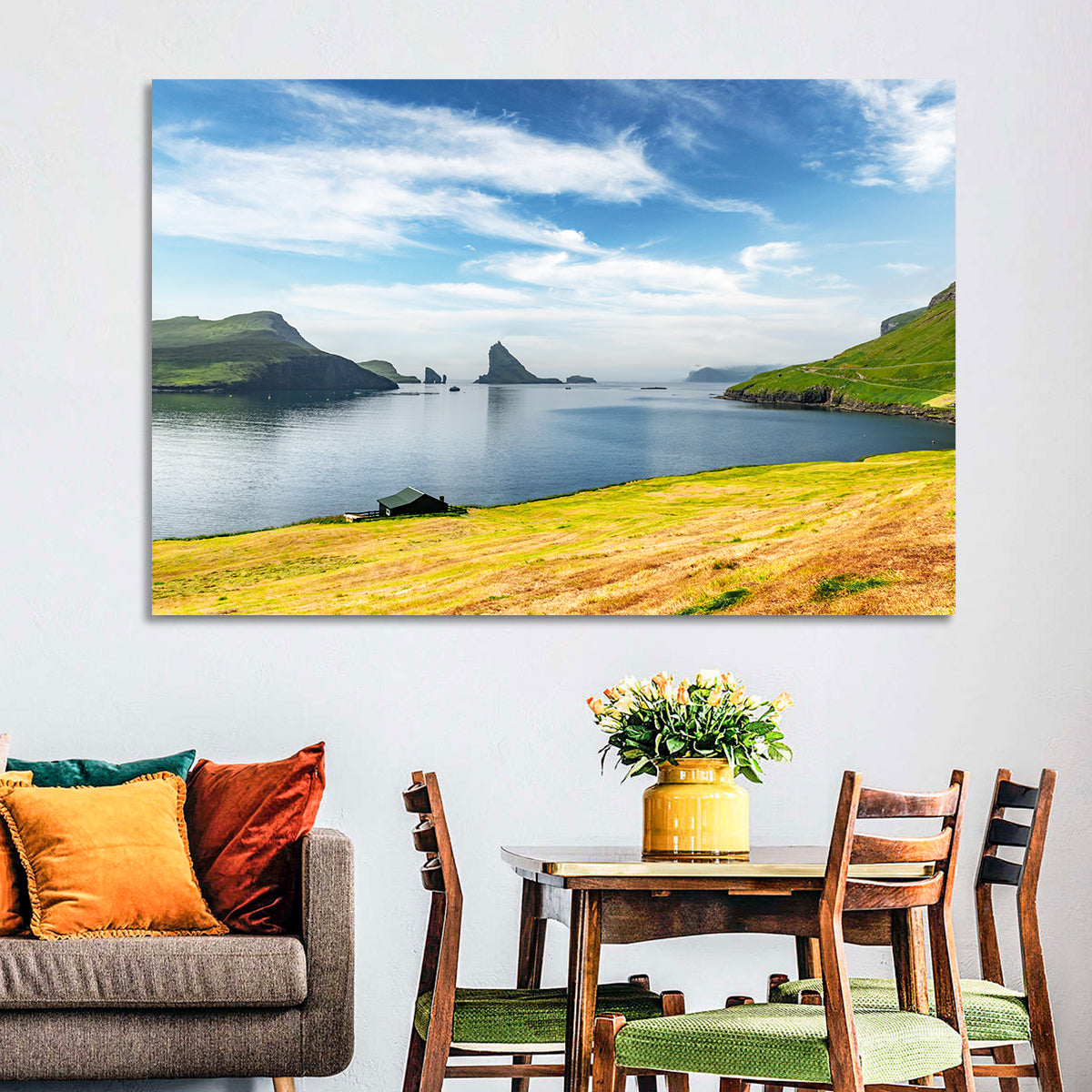 Tindhólmur and Drangarnir Coastal Bay Wall Art in a room, landscape