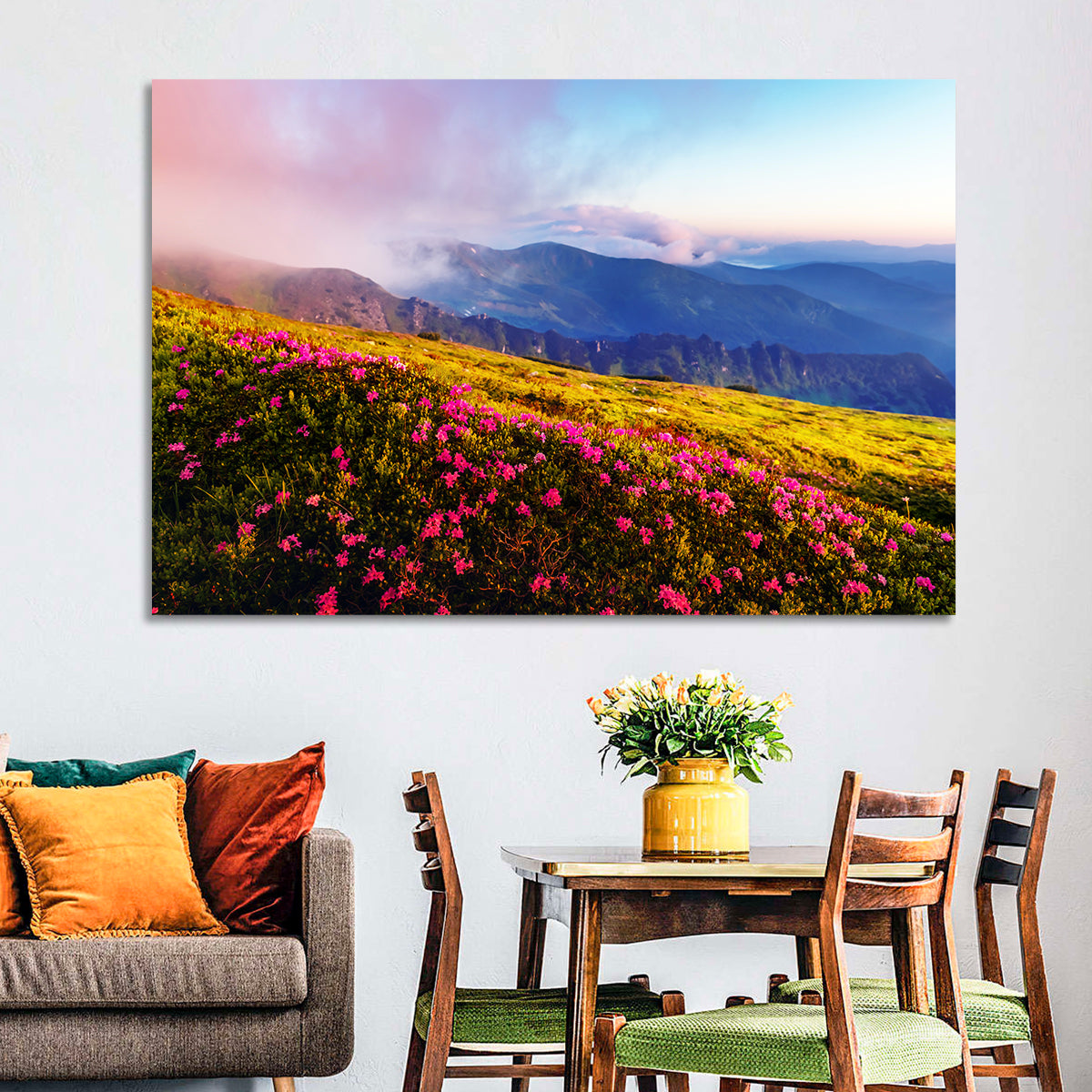 Alpine Rhododendron Meadow at Golden Hour Wall Art in a room, landscape