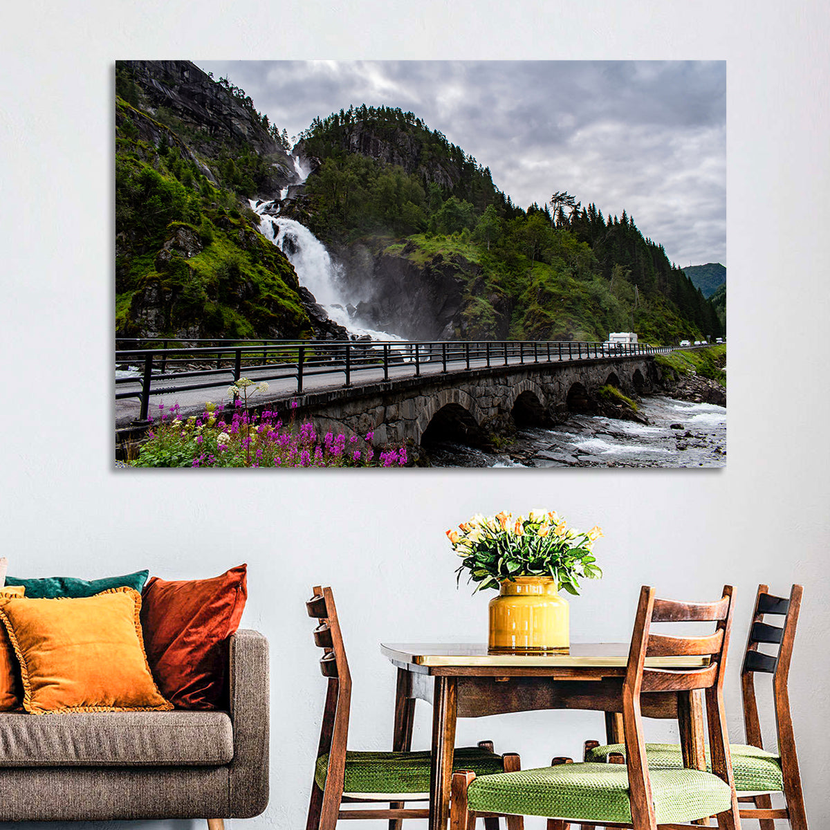 Låtefossen Stone Bridge and Waterfall Wall Art in a room, landscape