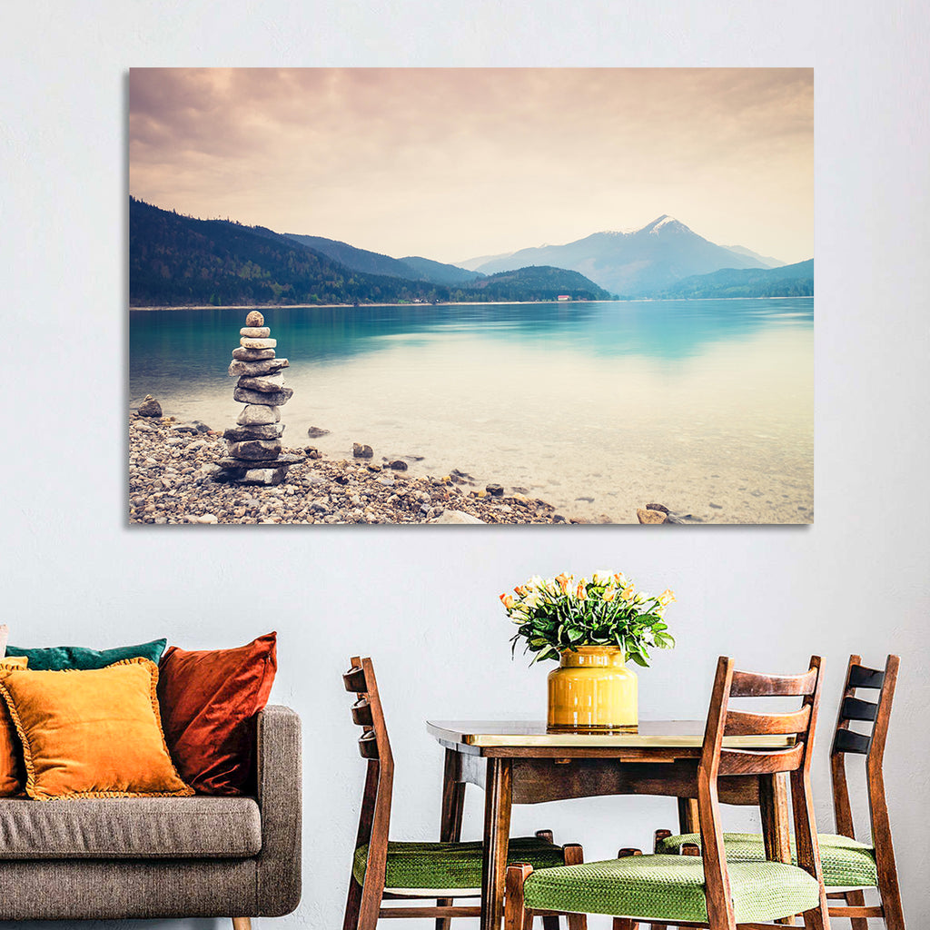 Stone Cairn by a Mountain Lake Wall Art
