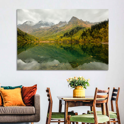 Kardyvach Lake Reflection Under Clouded Peaks Wall Art