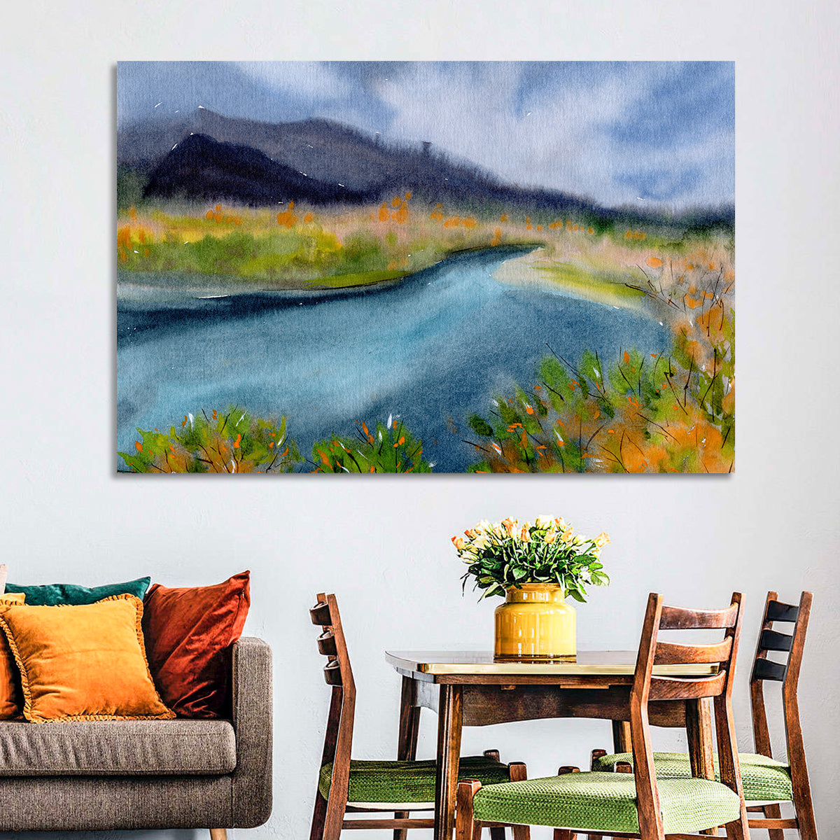 Misty Autumn River and Mountain Landscape Wall Art