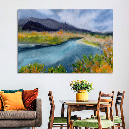 Misty Autumn River and Mountain Landscape Wall Art