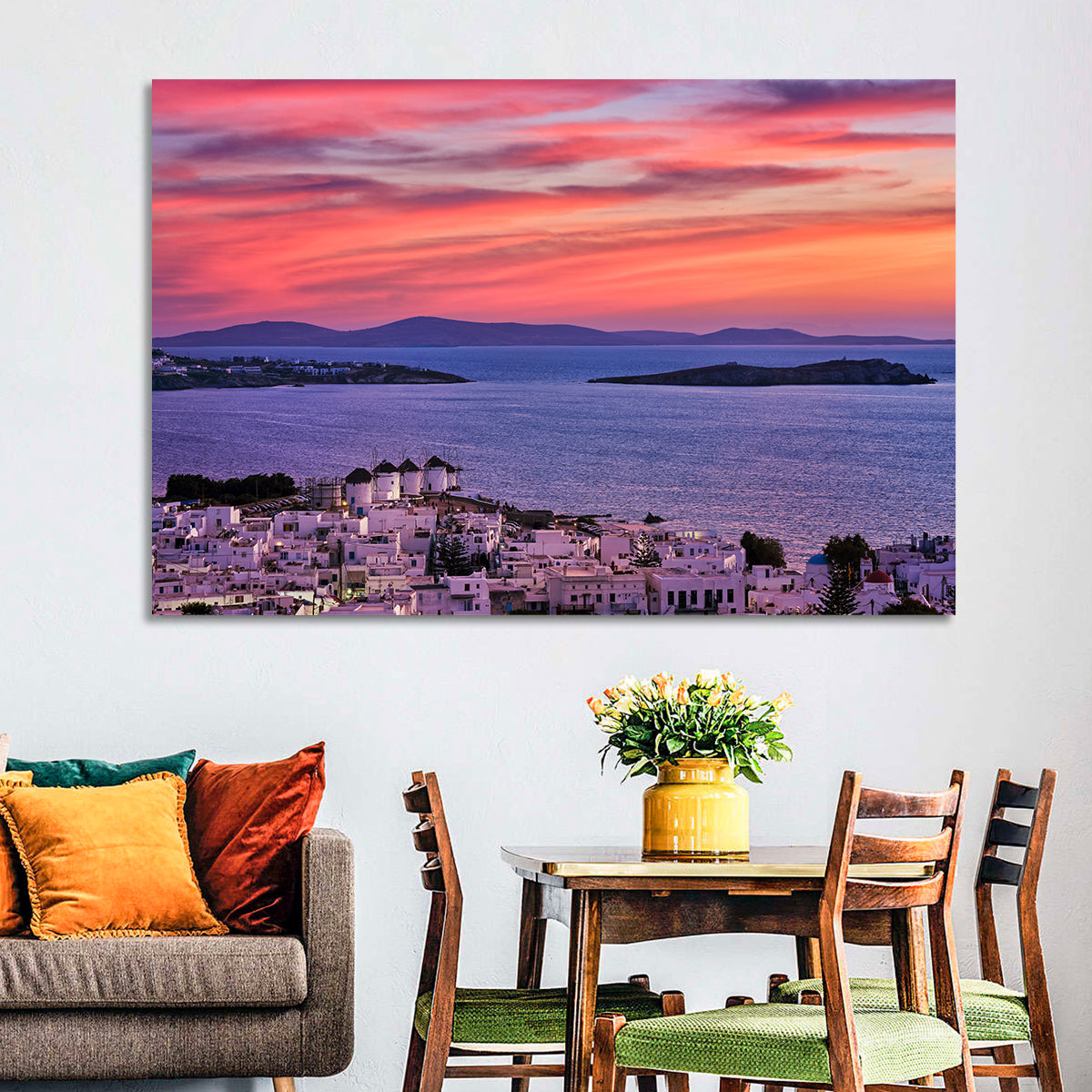 Mykonos Windmills at Sunset Wall Art in a room, landscape