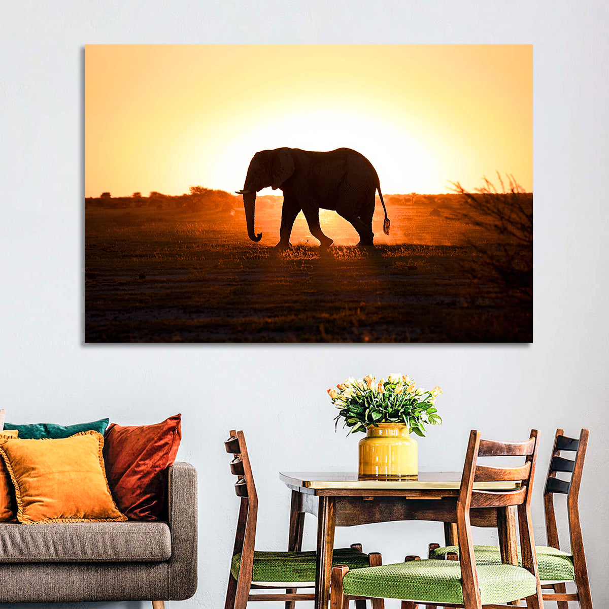 Golden Hour Elephant Silhouette Wall Art in a room, landscape