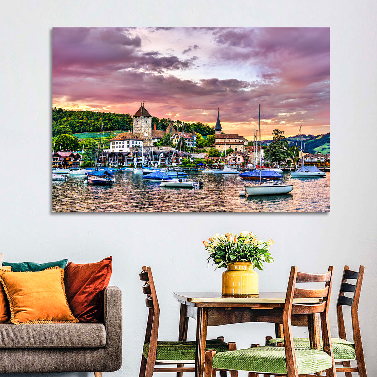 Spiez Castle Harbor Sunset Wall Art
