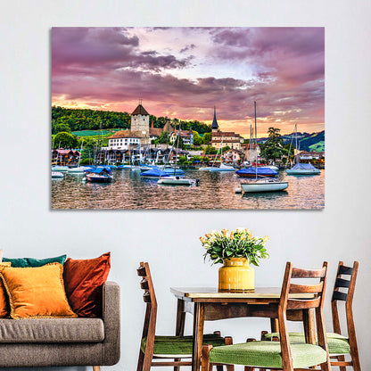 Spiez Castle Harbor Sunset Wall Art