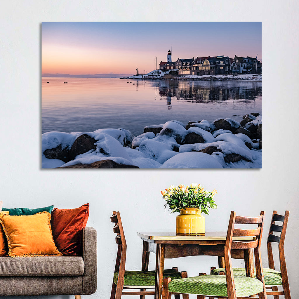 Urk Lighthouse Winter Twilight Harbor Wall Art