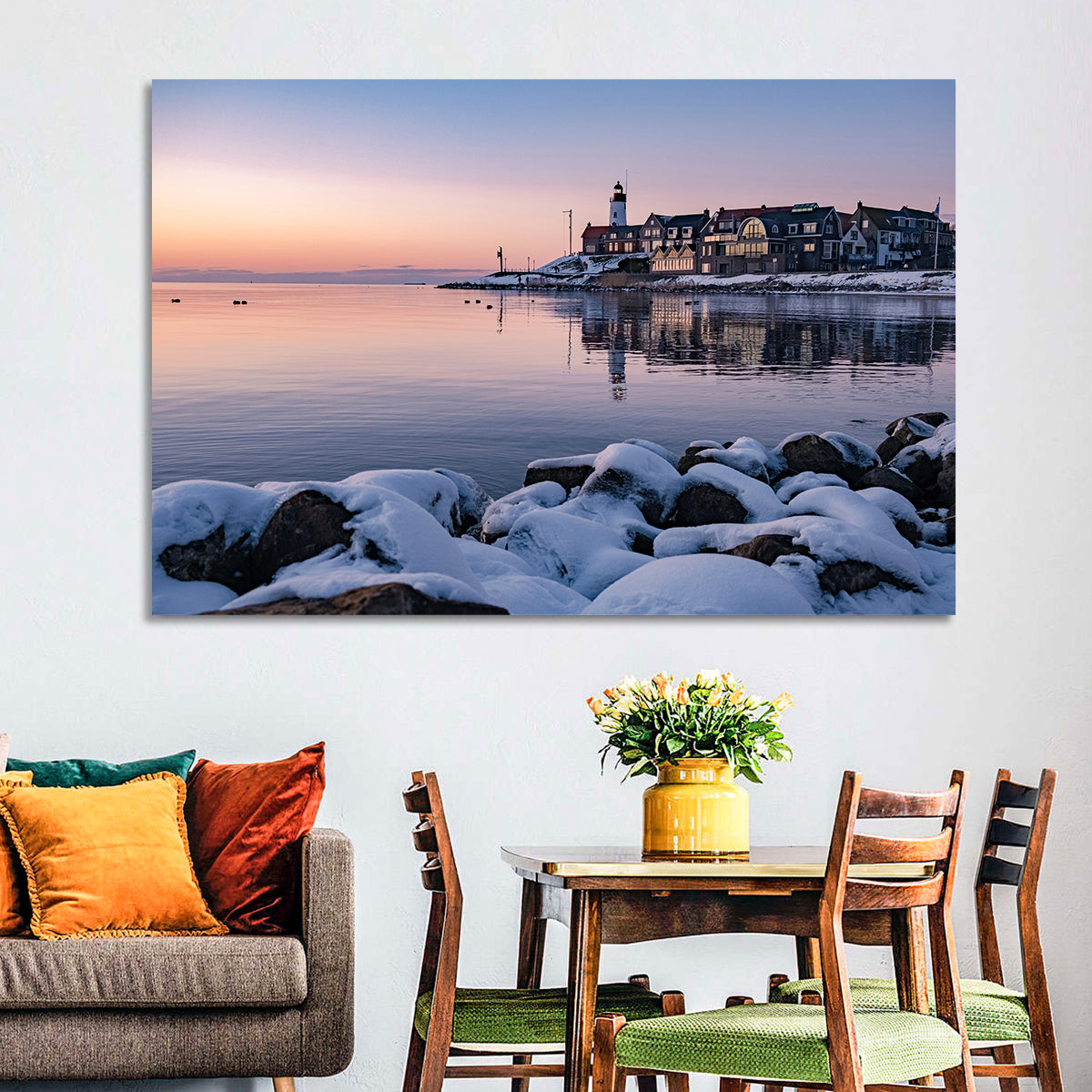 Urk Lighthouse Winter Twilight Harbor Wall Art in a room, landscape