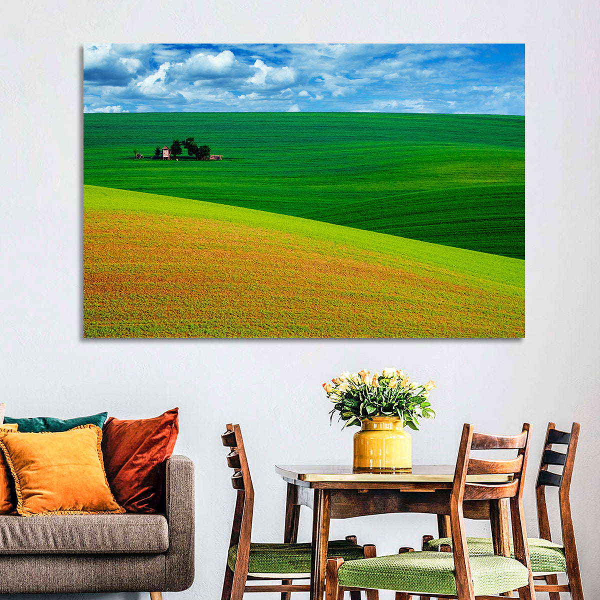 Golden Field and Green Hillside Wall Art in a room, landscape