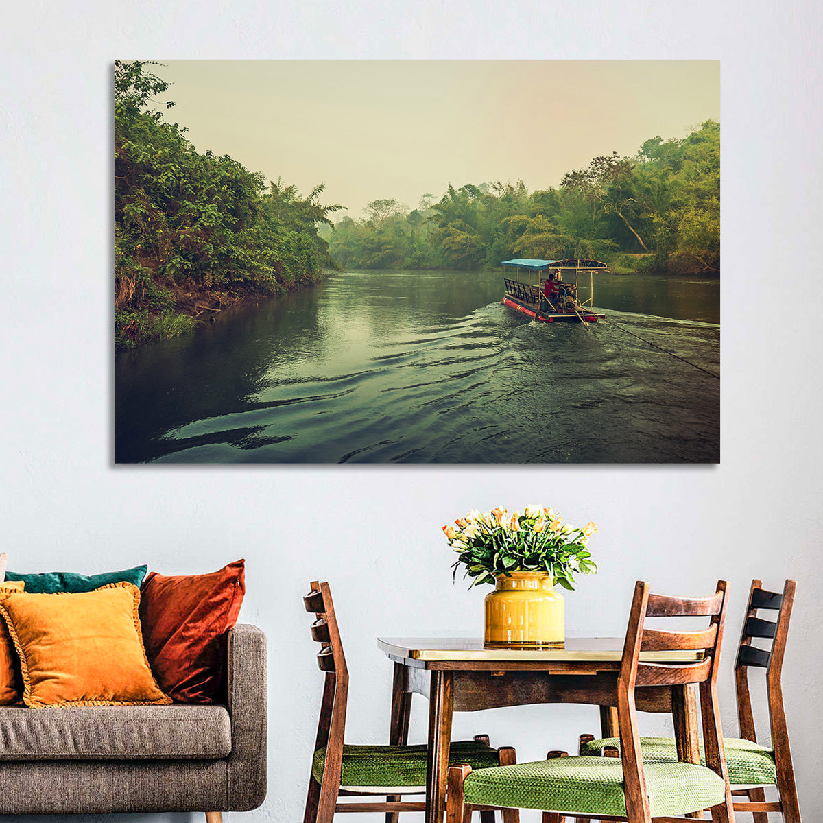 Misty Long-tail Boat on River Kwai Wall Art in a room, landscape