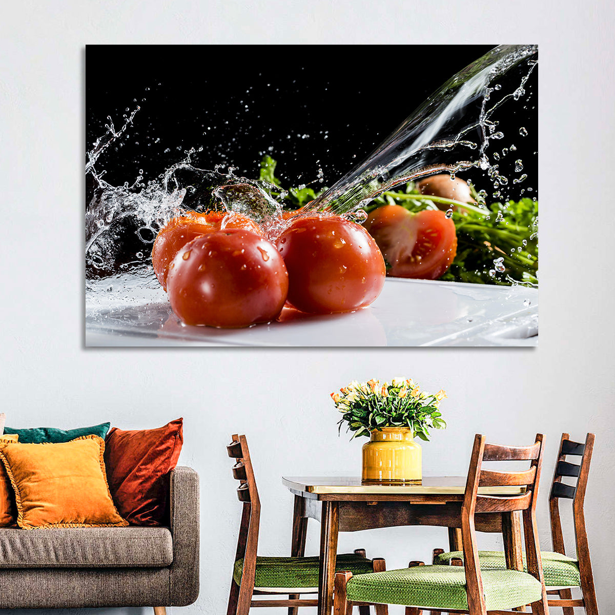 Tomatoes with Water Splash Wall Art in a room, landscape