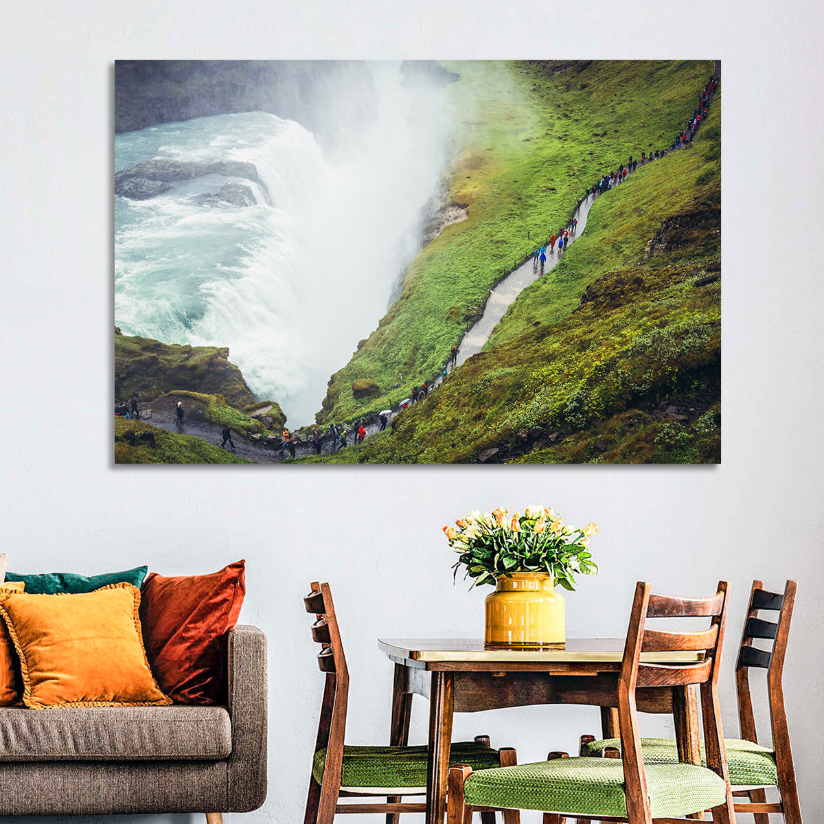 Misty Path at Gullfoss Waterfall Wall Art in a room, landscape