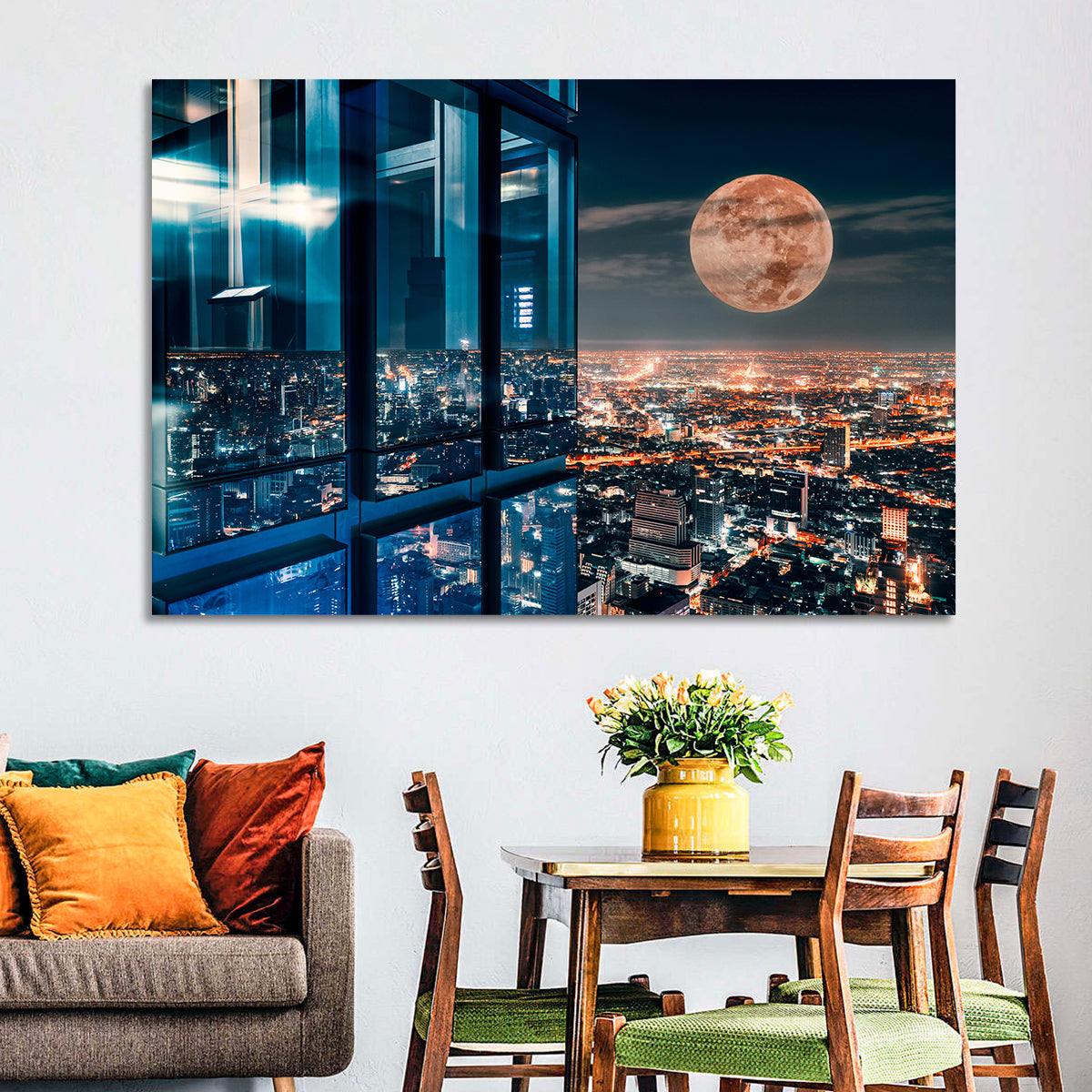Bangkok Moonlit Skyline Wall Art in a room, landscape