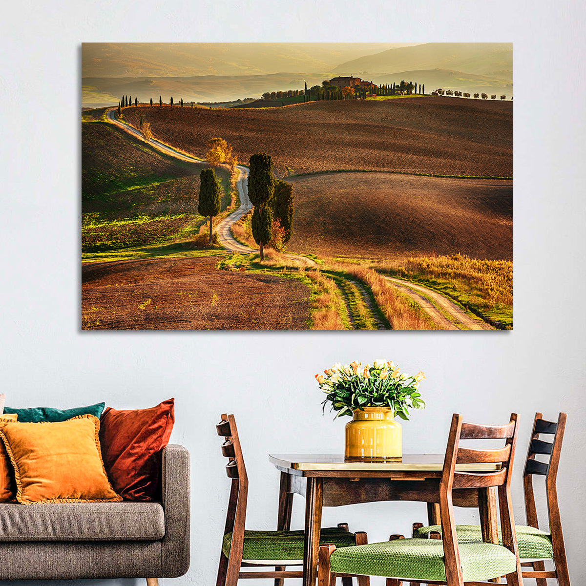 Val D’orcia Winding Golden Road Wall Art in a room, landscape