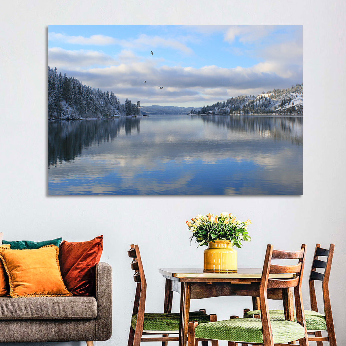 Coeur D Alene Winter Lake Reflection Wall Art in a room, landscape