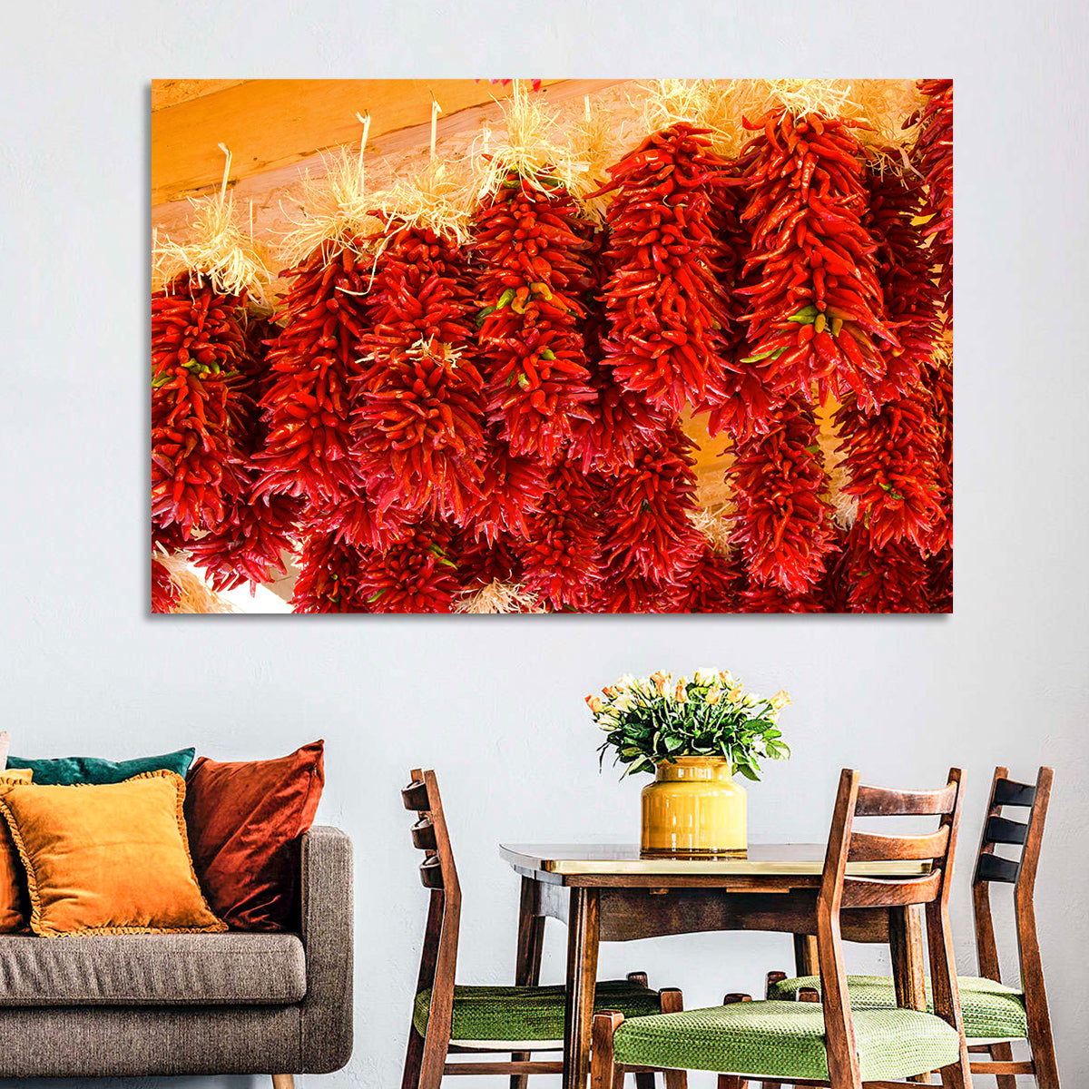 Hanging Dried Chili Peppers Wall Art in a room, landscape