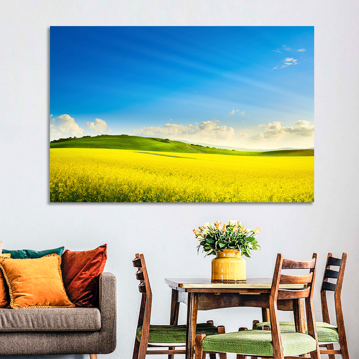 Rapeseed Field and Rolling Hills Under Blue Sky Wall Art in a room, landscape
