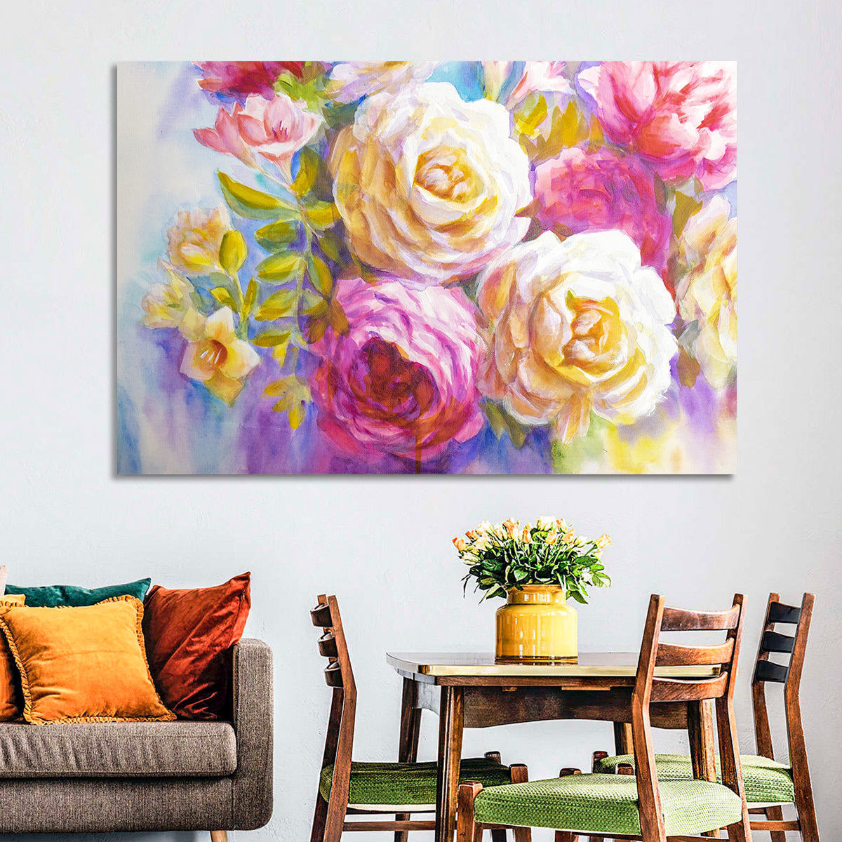 Layered Watercolor Rose Bouquet Wall Art in a room, landscape