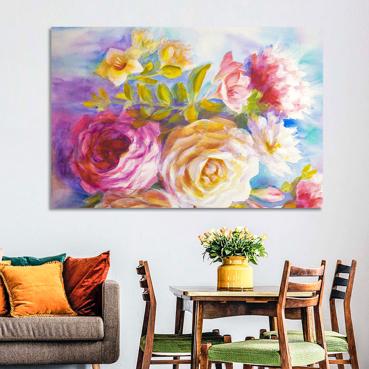 Painterly Peonies and Rose Bouquet Wall Art in a room, landscape