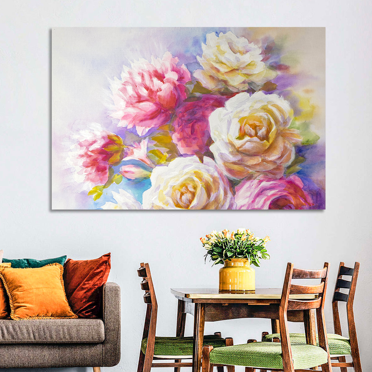 Watercolor Peony Bouquet Wall Art in a room, landscape