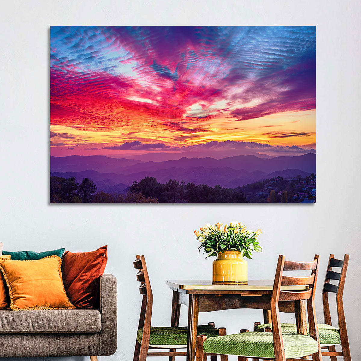 Golden Dusk Cloud Mountains Wall Art in a room, landscape