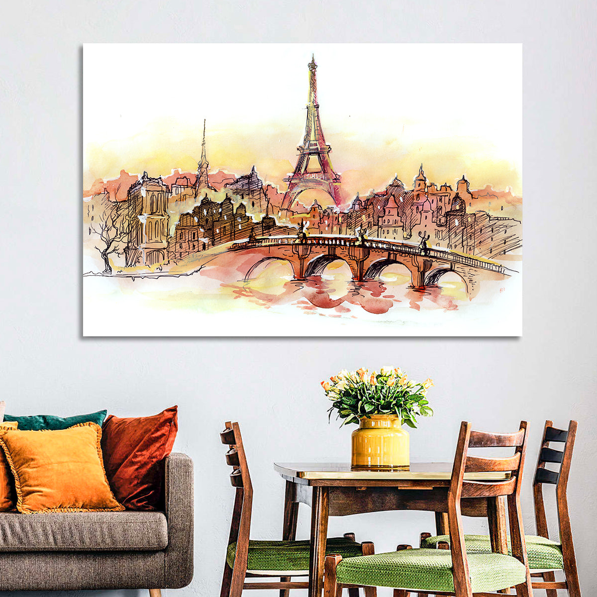 Eiffel Tower Watercolor at Dusk Wall Art