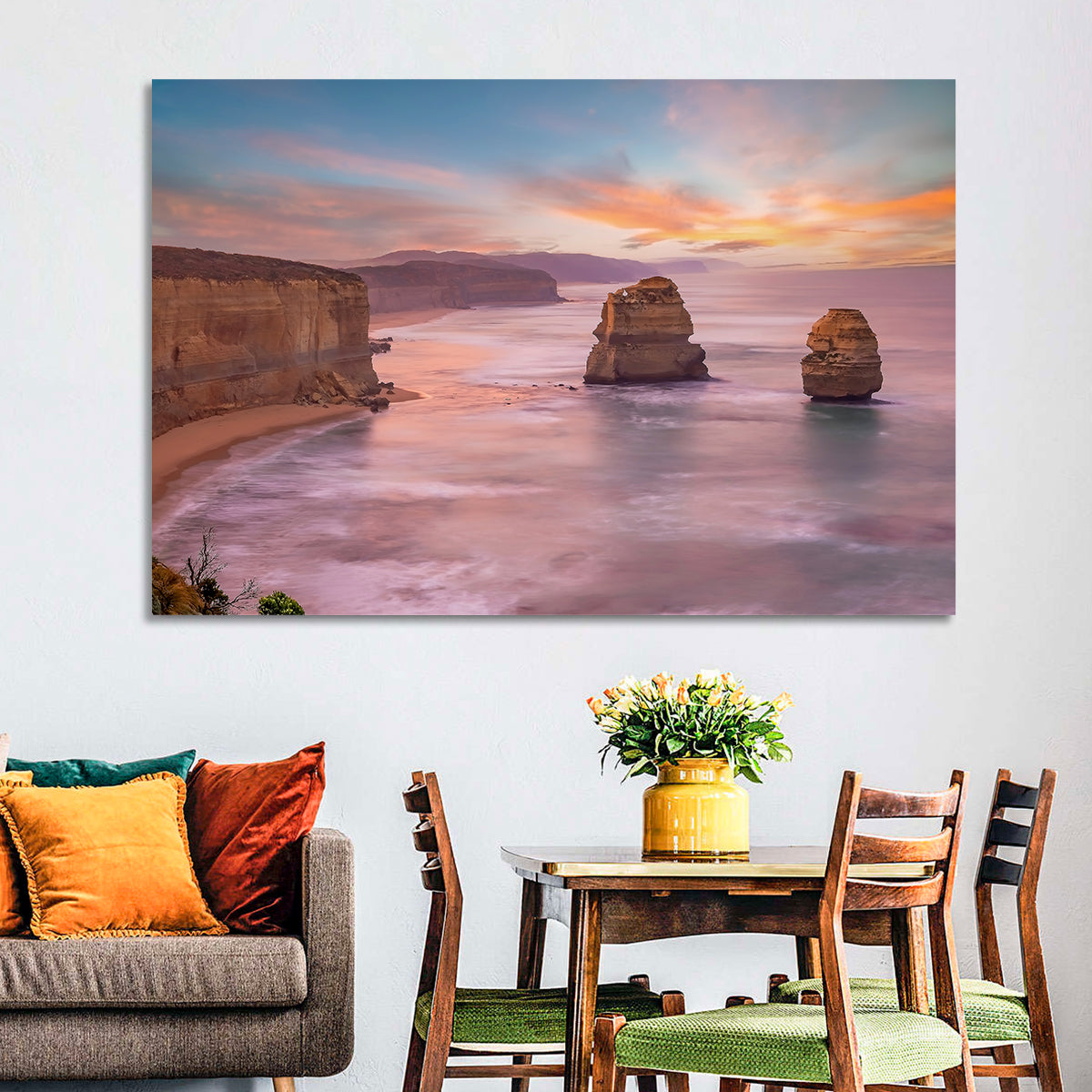 Twelve Apostles Sunset Sea Stacks Wall Art in a room, landscape