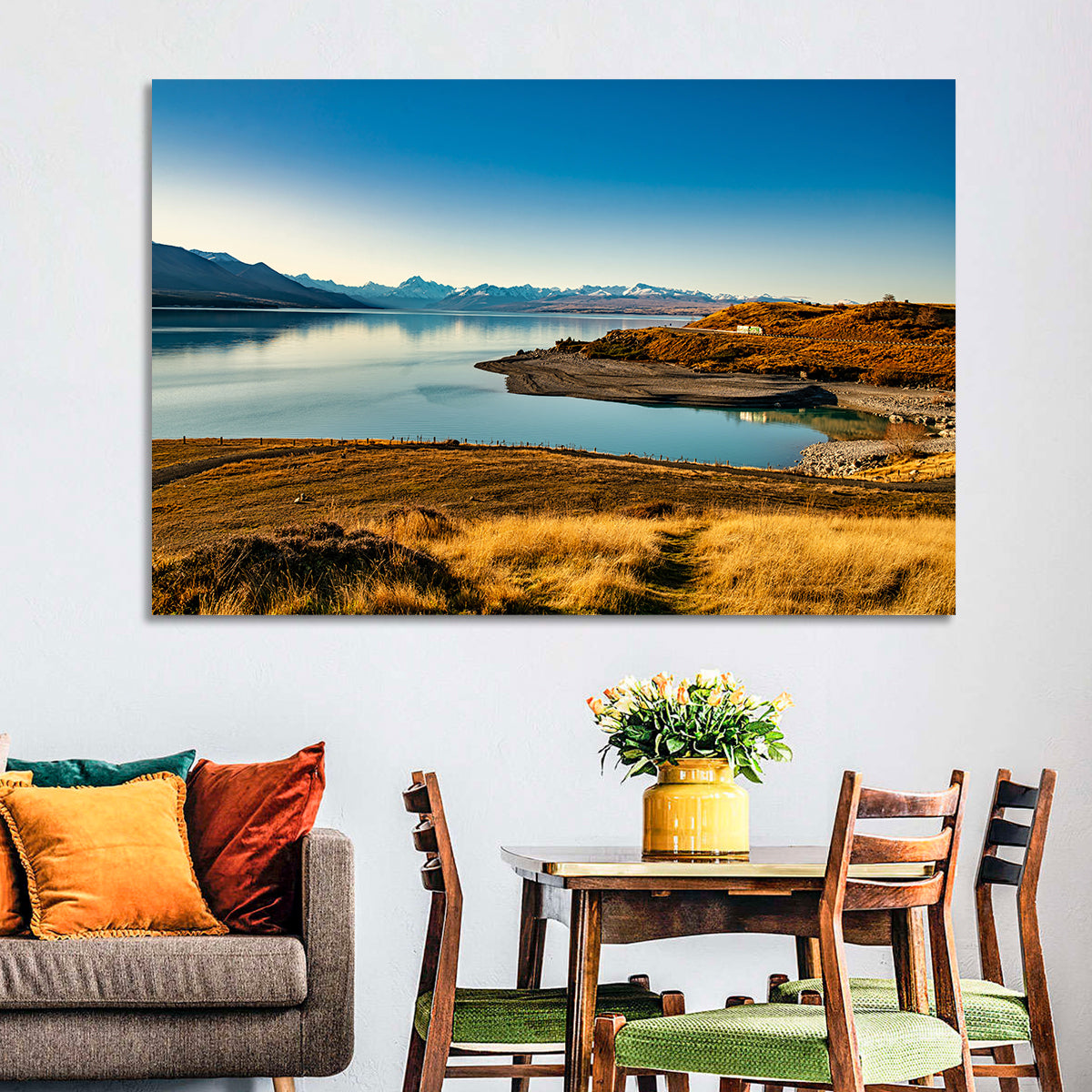 Lake Pukaki Golden Hour with Mount Cook Wall Art in a room, landscape