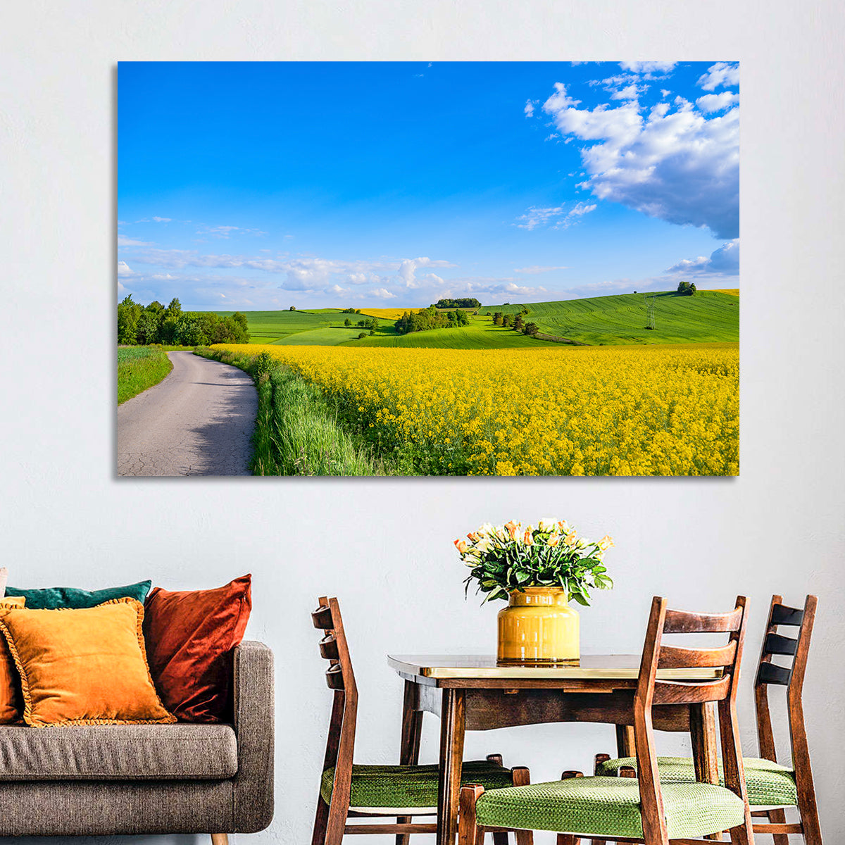 Rapeseed Field Road Under Blue Sky Wall Art in a room, landscape