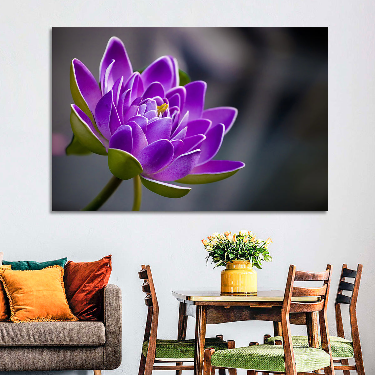 Purple Water Lily Close-up Wall Art in a room, landscape
