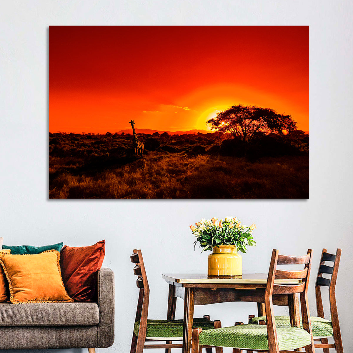 Savanna Sunset with Giraffe Wall Art in a room, landscape