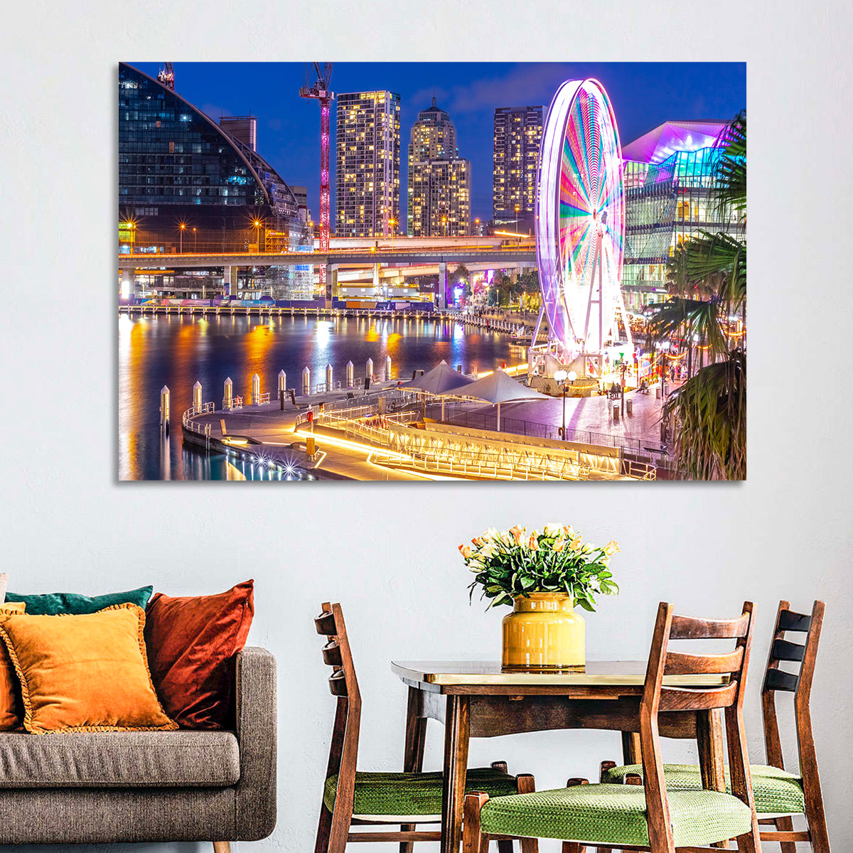 Darling Harbour Nightscape Wall Art in a room, landscape