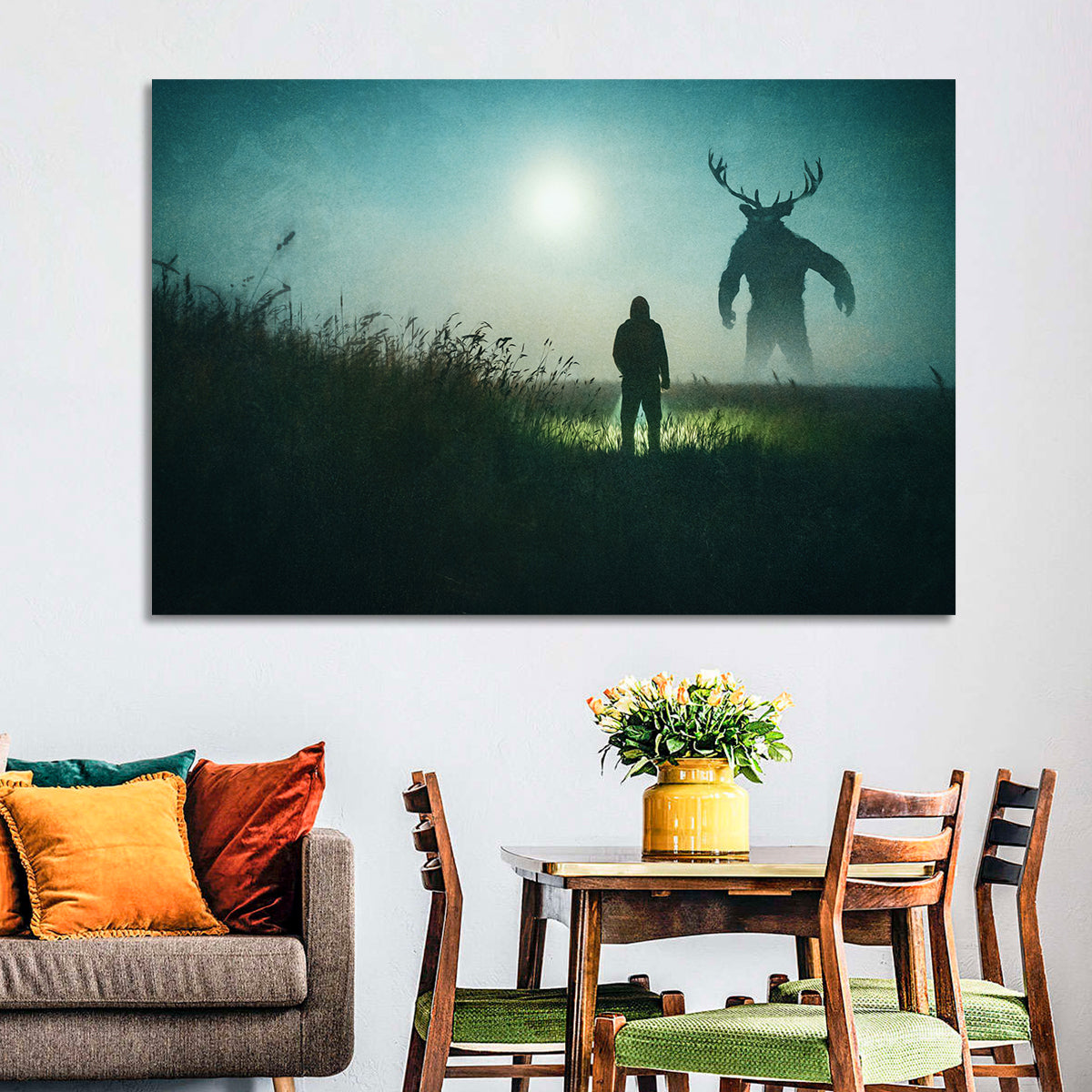 Antlered Shadow in Mist Wall Art in a room, landscape