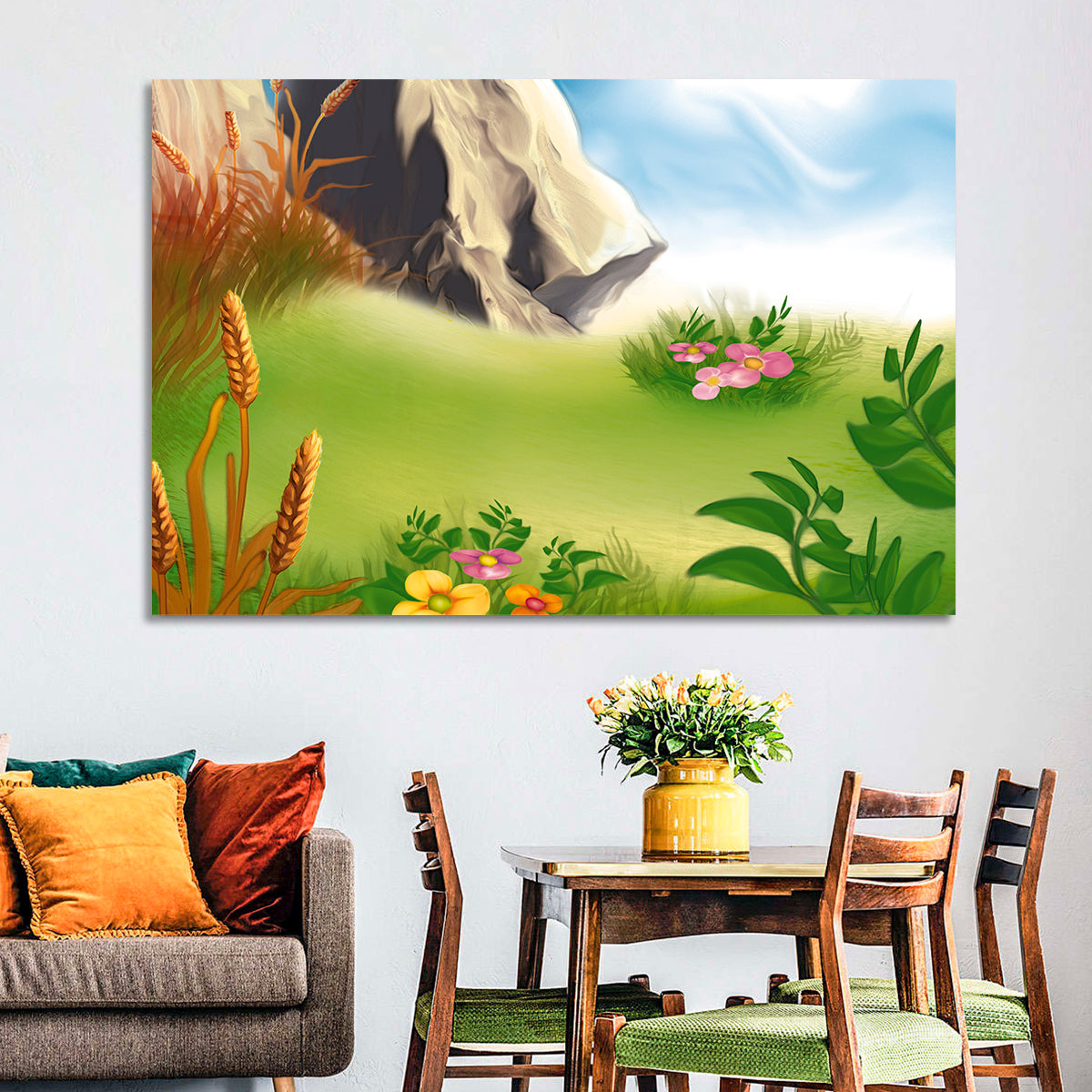 Sunny Mountain Meadow Illustration Wall Art in a room, landscape